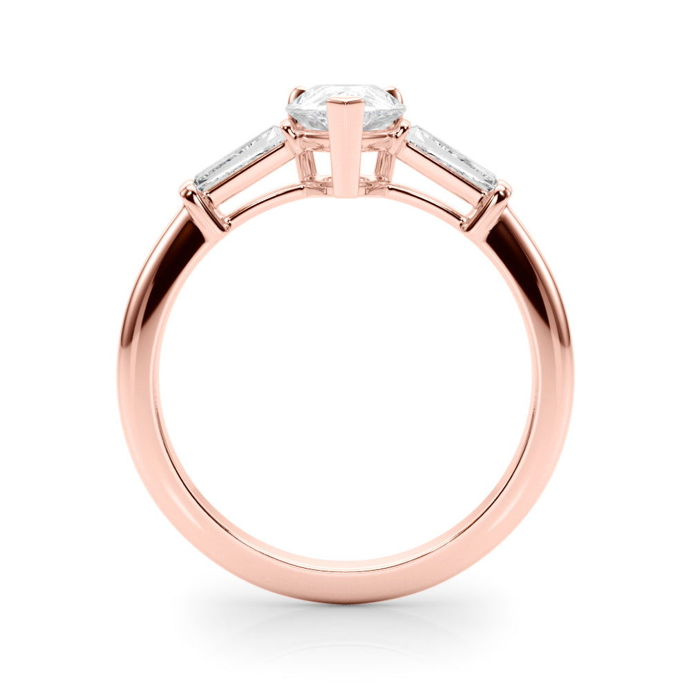 Crowned Three-Stone Ring Center Taper Baguette Sides Pear Diamond Engagement Ring — 9K/18K Gold & Platinum
