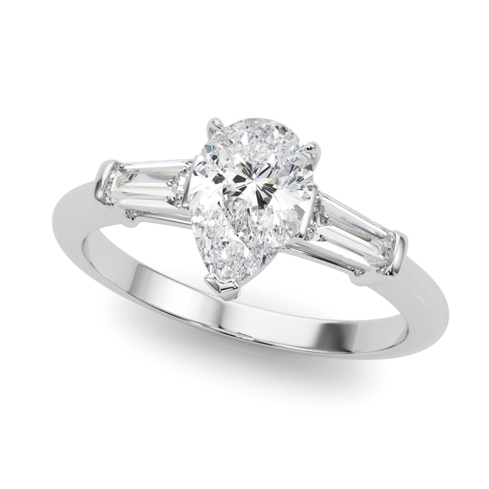 Crowned Three-Stone Ring Center Taper Baguette Sides Pear Diamond Engagement Ring — 9K/18K Gold & Platinum