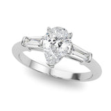 Crowned Three-Stone Ring Center Taper Baguette Sides Pear Diamond Engagement Ring — 9K/18K Gold & Platinum