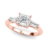 Graceful Three-Stone Ring Center Taper Bagutte Sides Princess Diamond Engagement Ring — 9K/18K Gold & Platinum