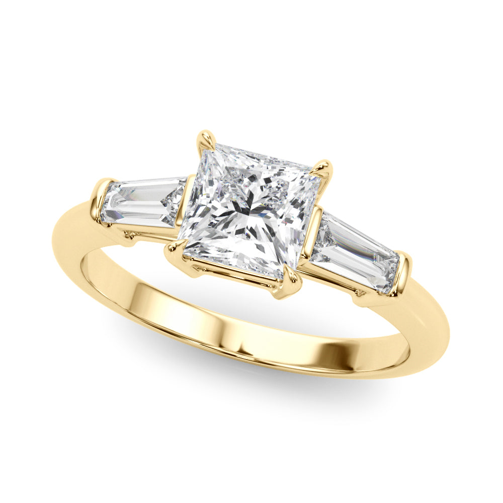 Graceful Three-Stone Ring Center Taper Bagutte Sides Princess Diamond Engagement Ring — 9K/18K Gold & Platinum