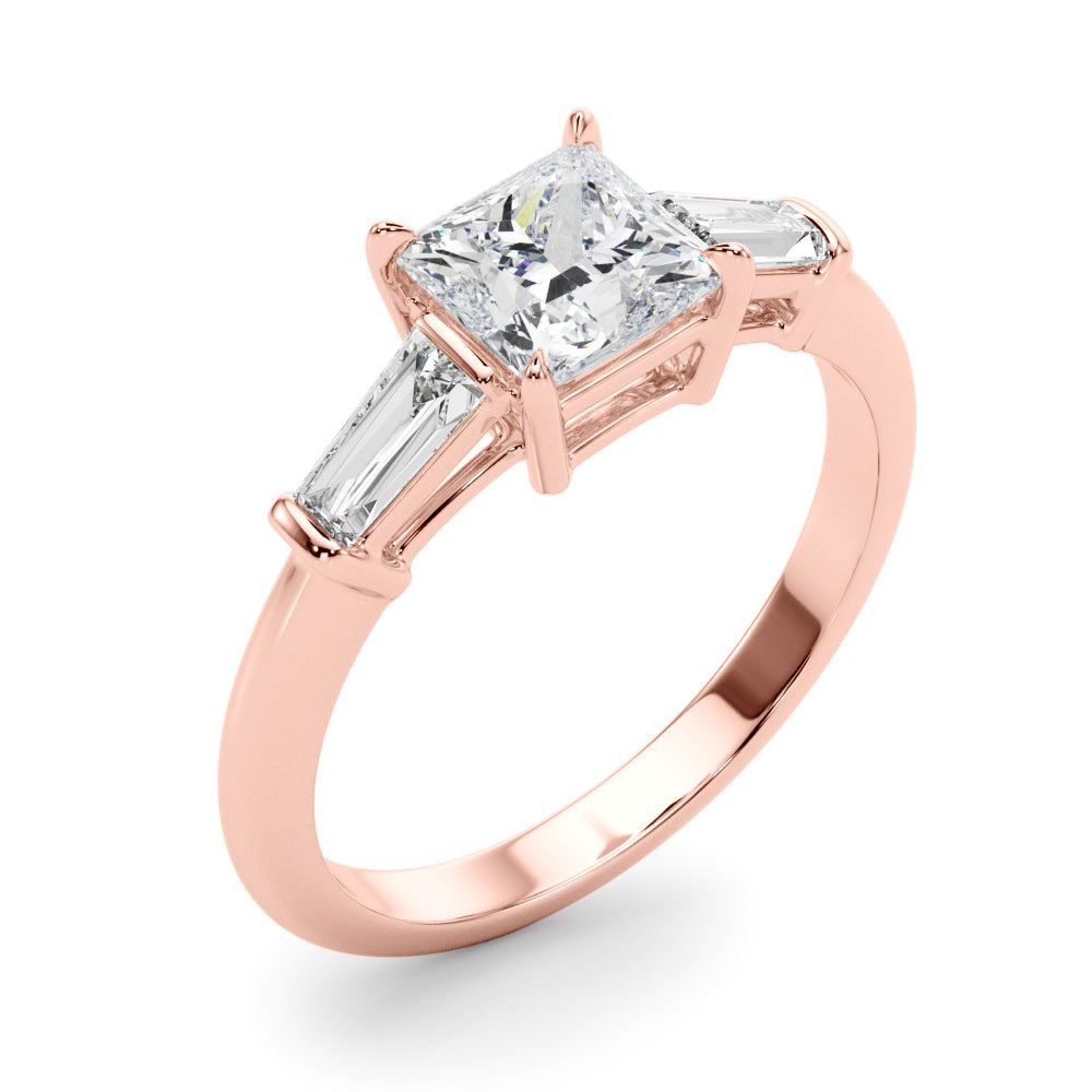 Graceful Three-Stone Ring Center Taper Bagutte Sides Princess Diamond Engagement Ring — 9K/18K Gold & Platinum