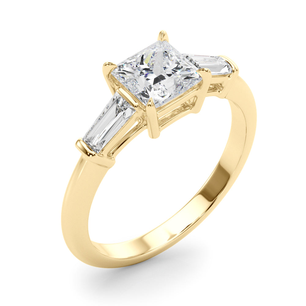 Graceful Three-Stone Ring Center Taper Bagutte Sides Princess Diamond Engagement Ring — 9K/18K Gold & Platinum