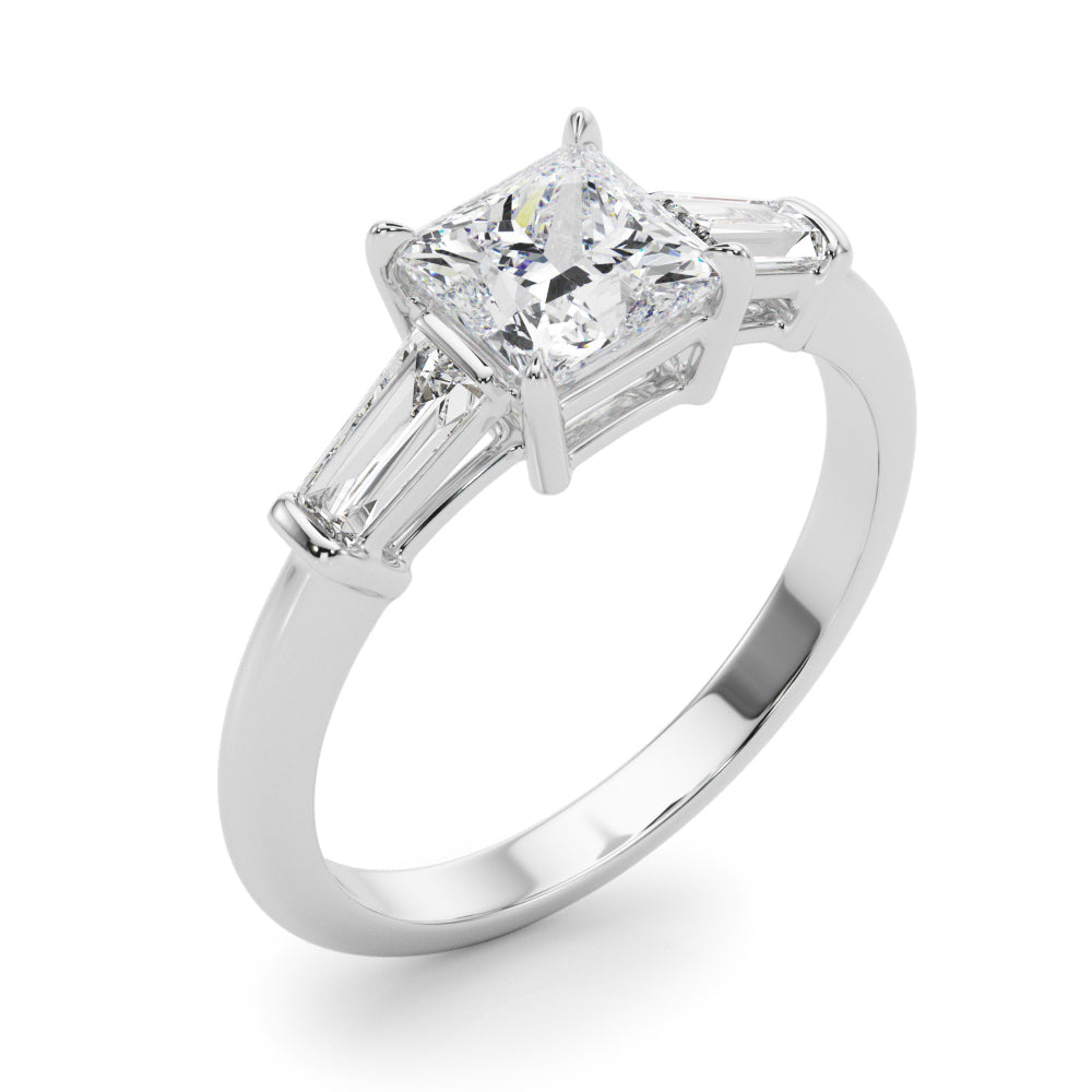 Graceful Three-Stone Ring Center Taper Bagutte Sides Princess Diamond Engagement Ring — 9K/18K Gold & Platinum