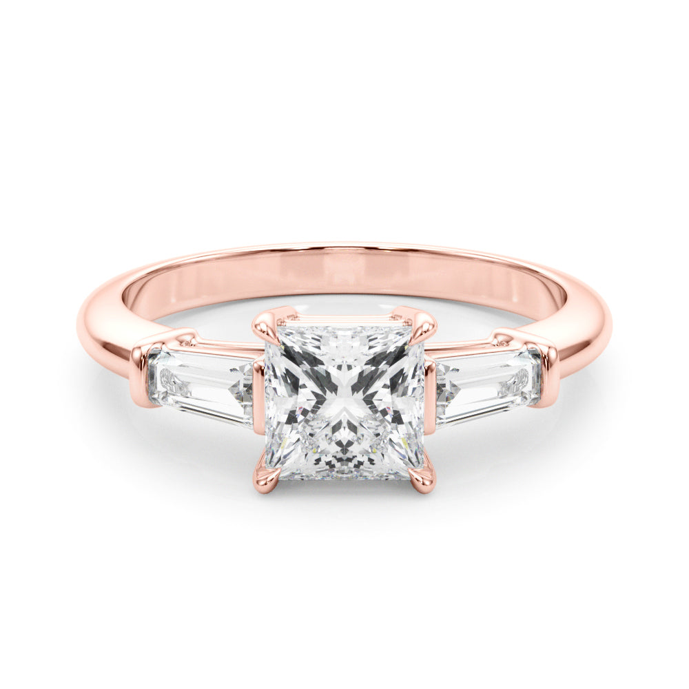 Graceful Three-Stone Ring Center Taper Bagutte Sides Princess Diamond Engagement Ring — 9K/18K Gold & Platinum