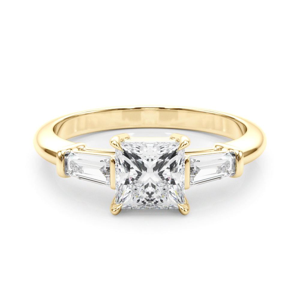 Graceful Three-Stone Ring Center Taper Bagutte Sides Princess Diamond Engagement Ring — 9K/18K Gold & Platinum