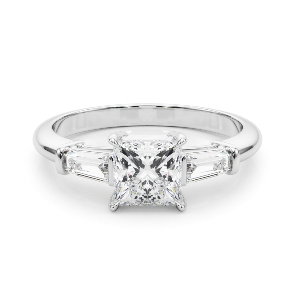 Graceful Three-Stone Ring Center Taper Bagutte Sides Princess Diamond Engagement Ring — 9K/18K Gold & Platinum
