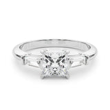 Graceful Three-Stone Ring Center Taper Bagutte Sides Princess Diamond Engagement Ring — 9K/18K Gold & Platinum
