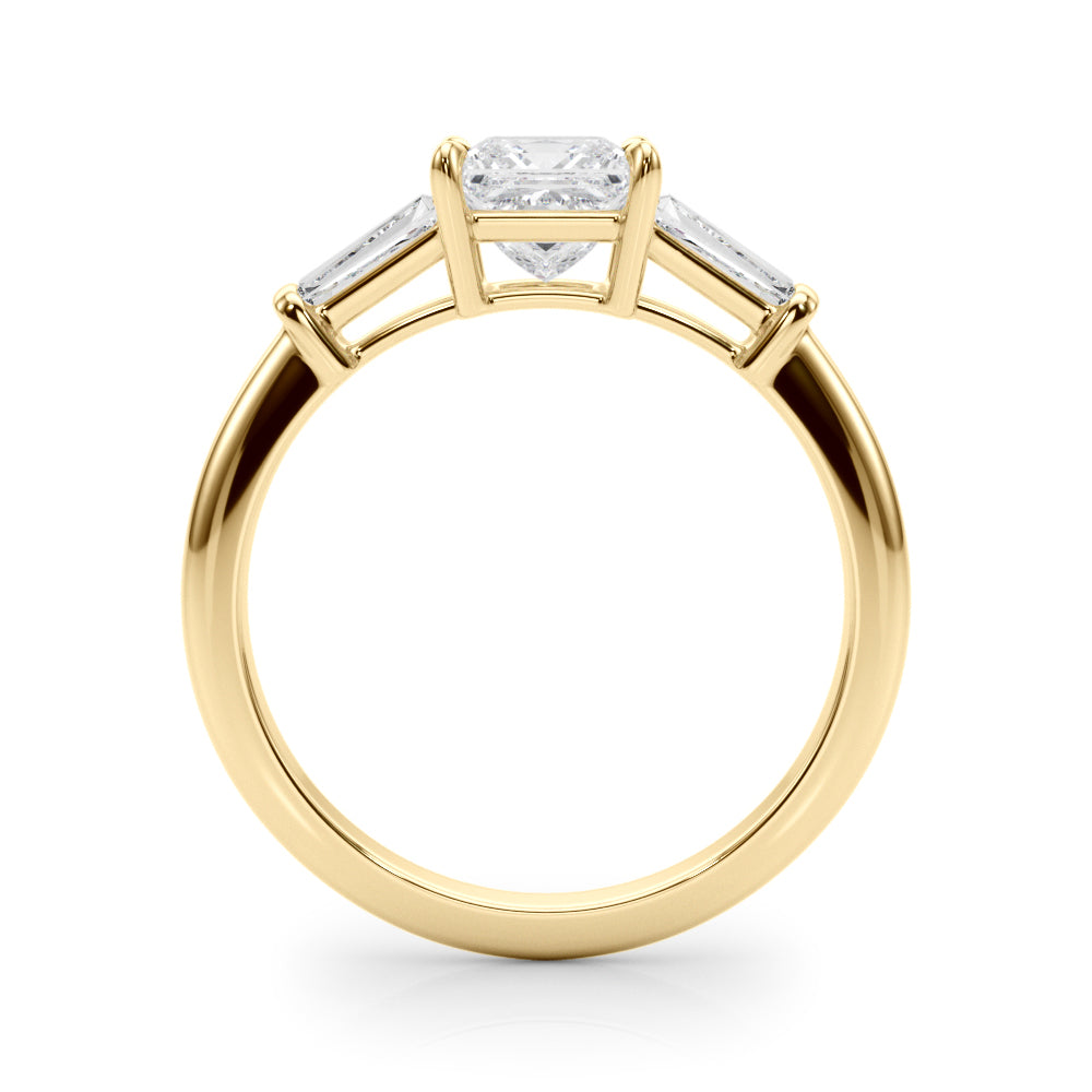 Graceful Three-Stone Ring Center Taper Bagutte Sides Princess Diamond Engagement Ring — 9K/18K Gold & Platinum