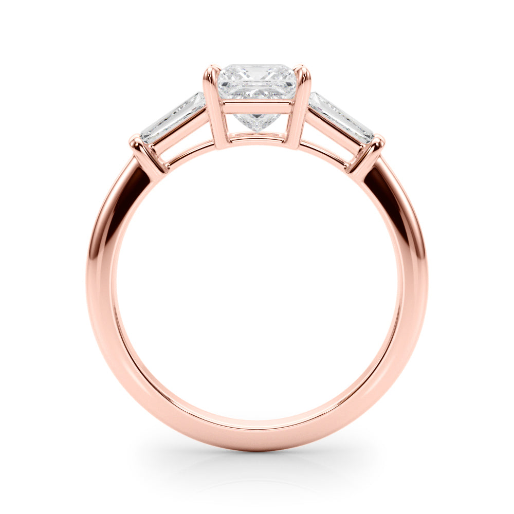 Graceful Three-Stone Ring Center Taper Bagutte Sides Princess Diamond Engagement Ring — 9K/18K Gold & Platinum