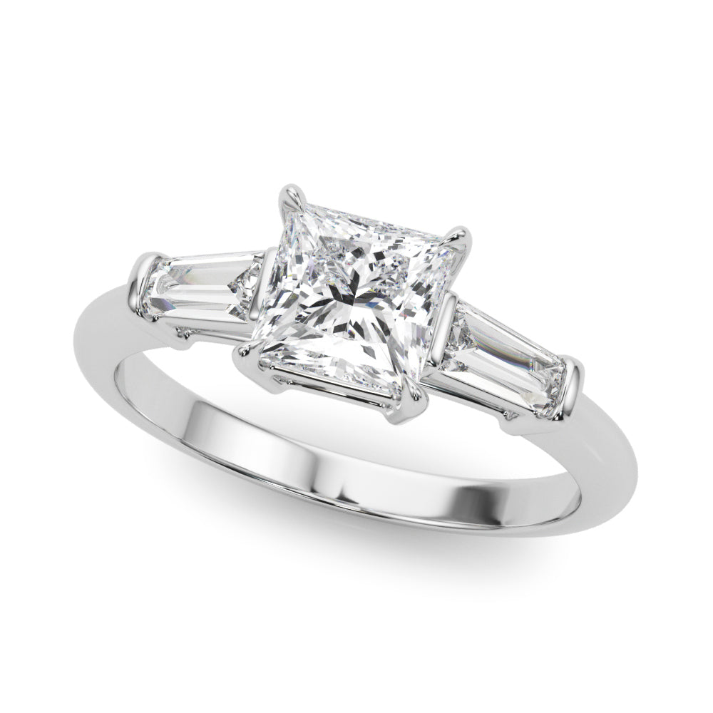 Graceful Three-Stone Ring Center Taper Bagutte Sides Princess Diamond Engagement Ring — 9K/18K Gold & Platinum