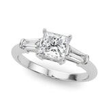 Graceful Three-Stone Ring Center Taper Bagutte Sides Princess Diamond Engagement Ring — 9K/18K Gold & Platinum
