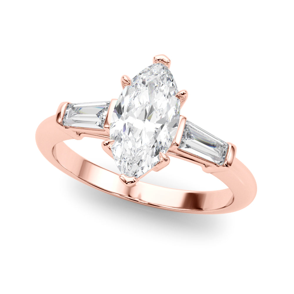 Dazzling Three-Stone Ring Center Taper Bagutte Sides Marquise Diamond Engagement Ring — 9K/18K Gold & Platinum