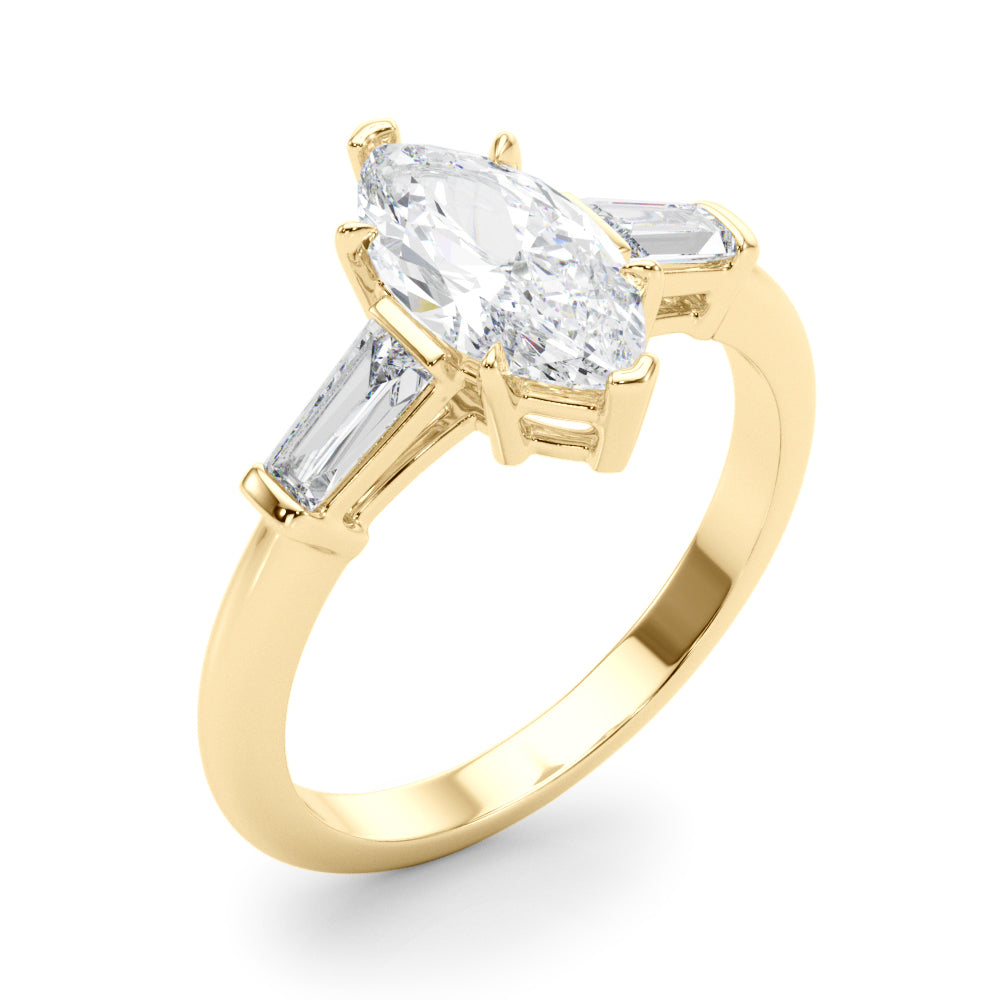 Dazzling Three-Stone Ring Center Taper Bagutte Sides Marquise Diamond Engagement Ring — 9K/18K Gold & Platinum