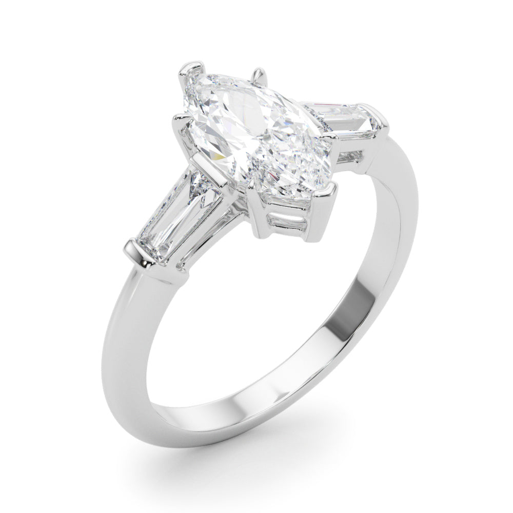 Dazzling Three-Stone Ring Center Taper Bagutte Sides Marquise Diamond Engagement Ring — 9K/18K Gold & Platinum