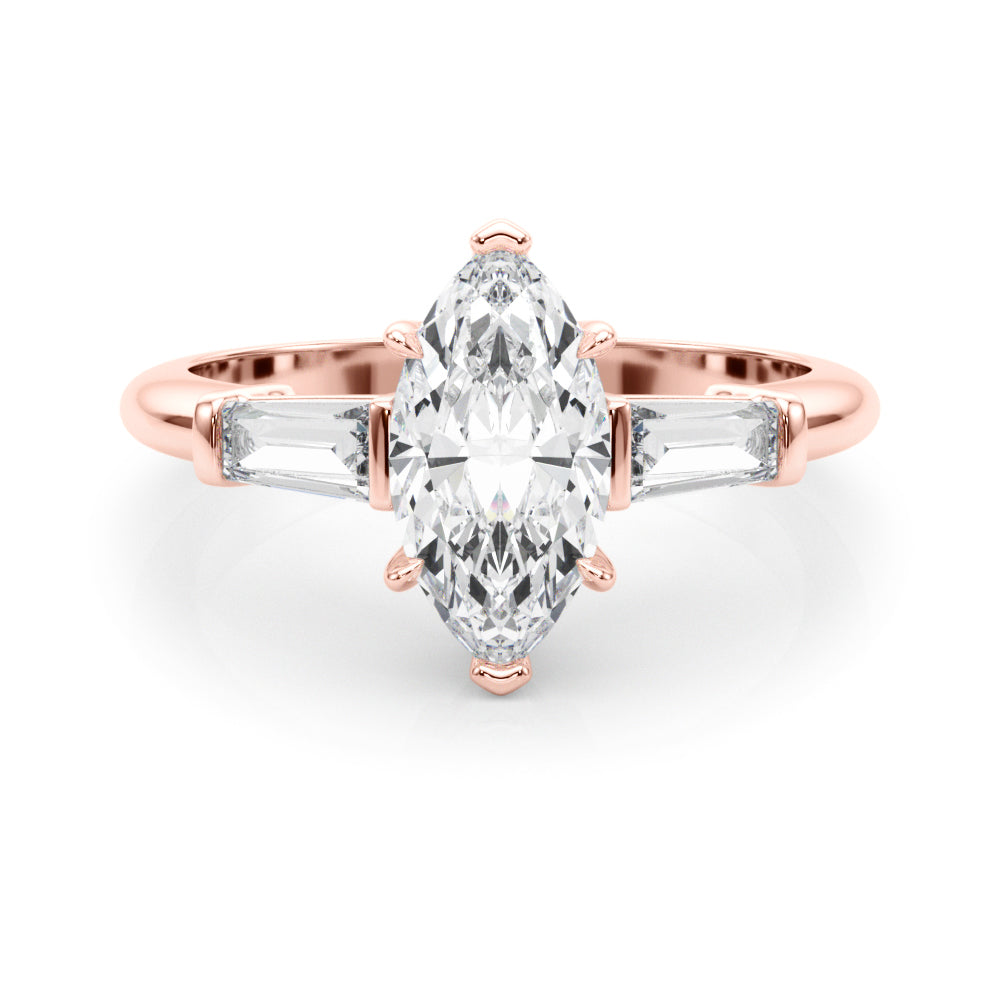 Dazzling Three-Stone Ring Center Taper Bagutte Sides Marquise Diamond Engagement Ring — 9K/18K Gold & Platinum