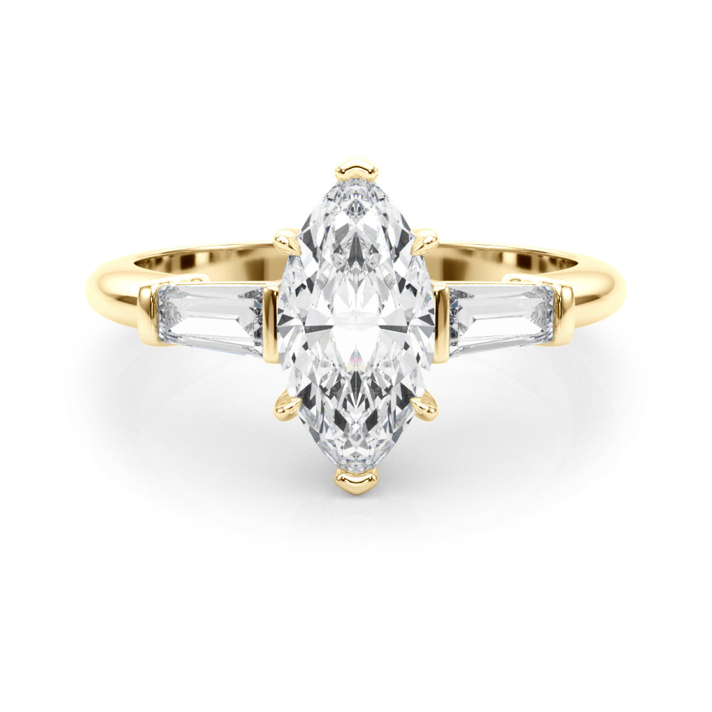 Dazzling Three-Stone Ring Center Taper Bagutte Sides Marquise Diamond Engagement Ring — 9K/18K Gold & Platinum