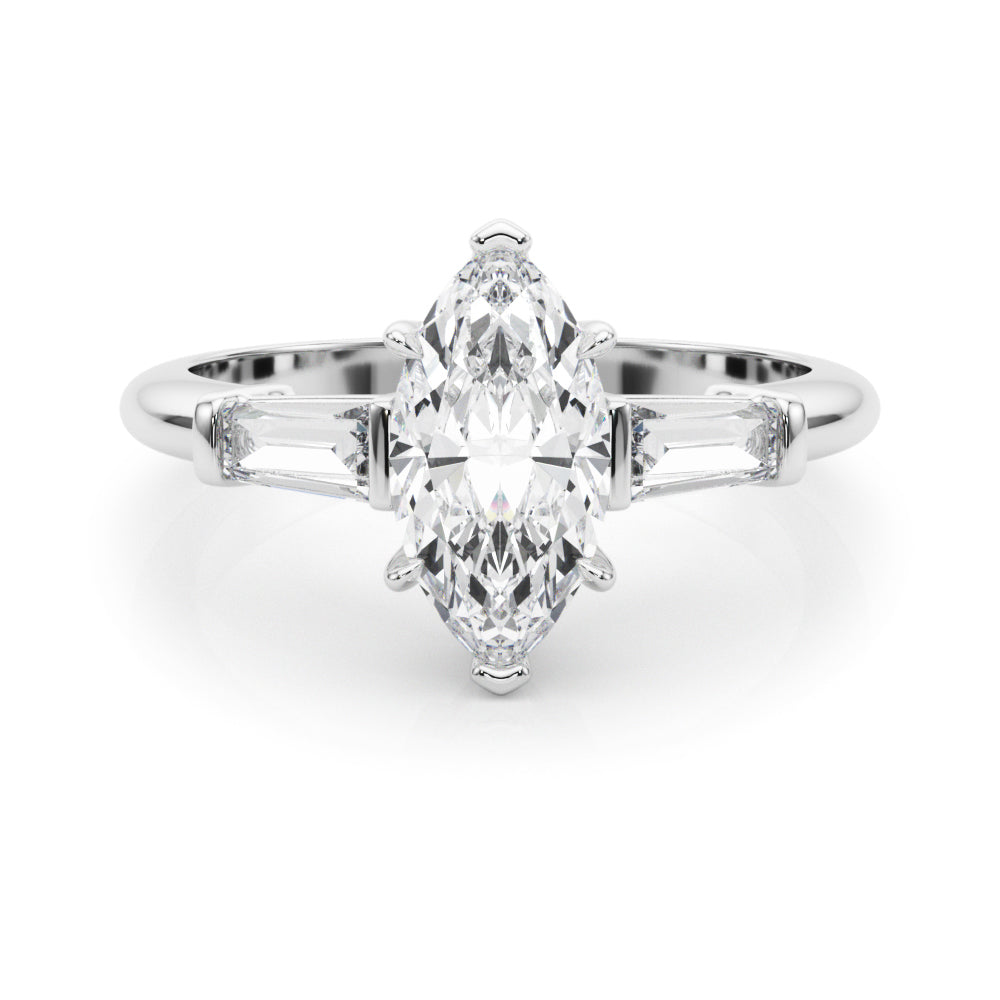 Dazzling Three-Stone Ring Center Taper Bagutte Sides Marquise Diamond Engagement Ring — 9K/18K Gold & Platinum