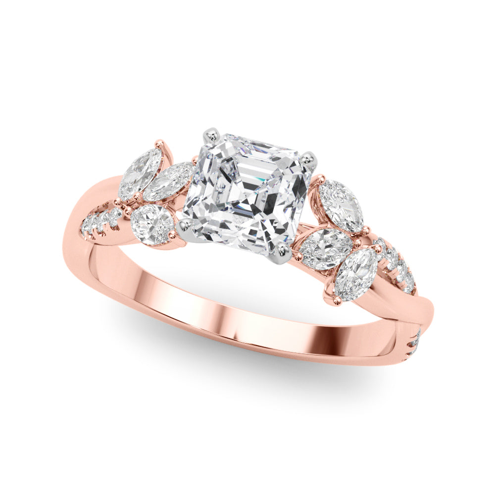 Radiant Rd & Mq Twisted Shank Engagement Round Diamond Engagement Ring — 9K/18K Gold & Platinum