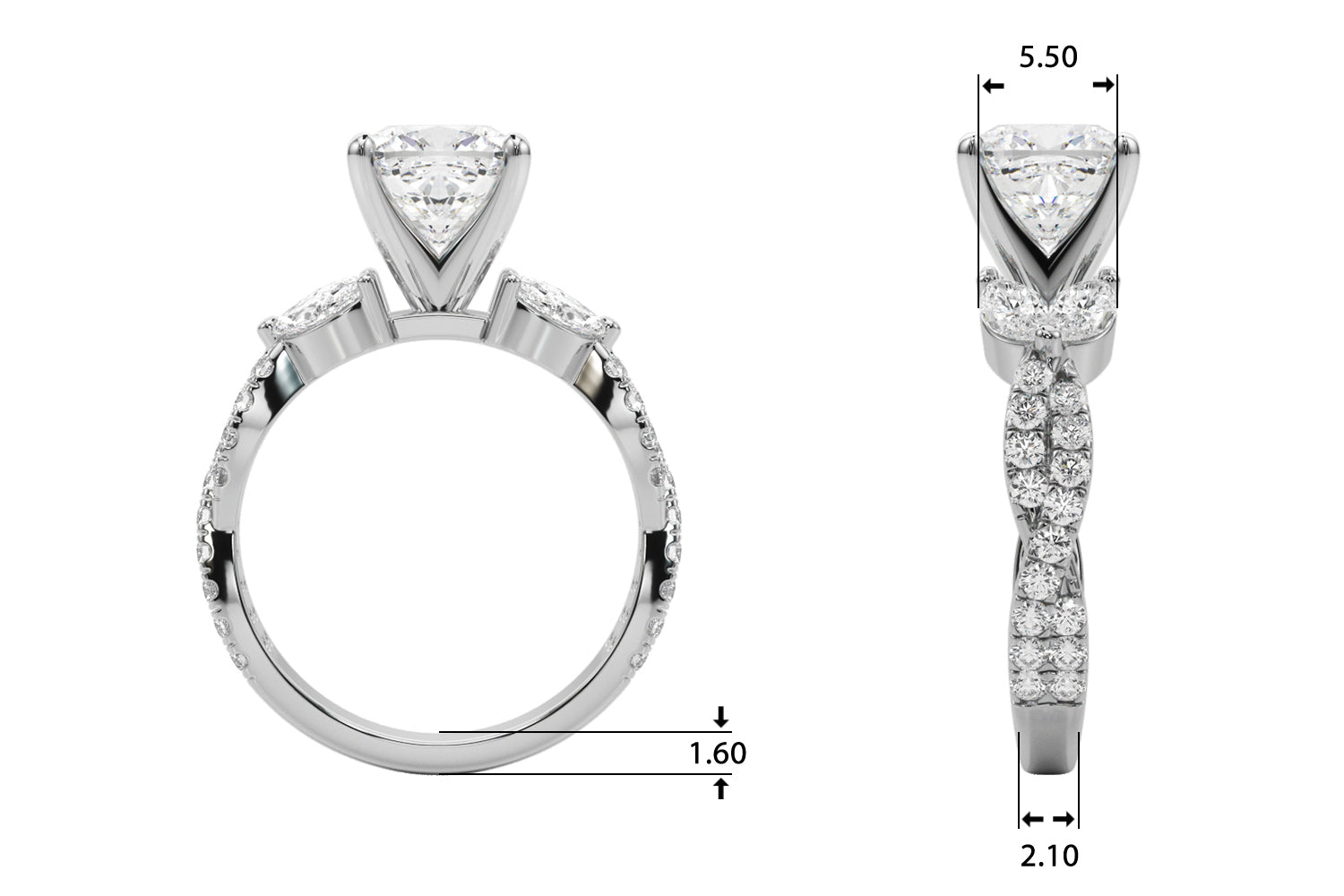Romantic Mq & Rd Twisted Engagement Ring Round Diamond Engagement Ring — 9K/18K Gold & Platinum