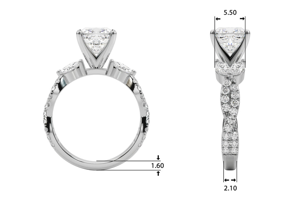 Romantic Mq & Rd Twisted Engagement Ring Round Diamond Engagement Ring — 9K/18K Gold & Platinum