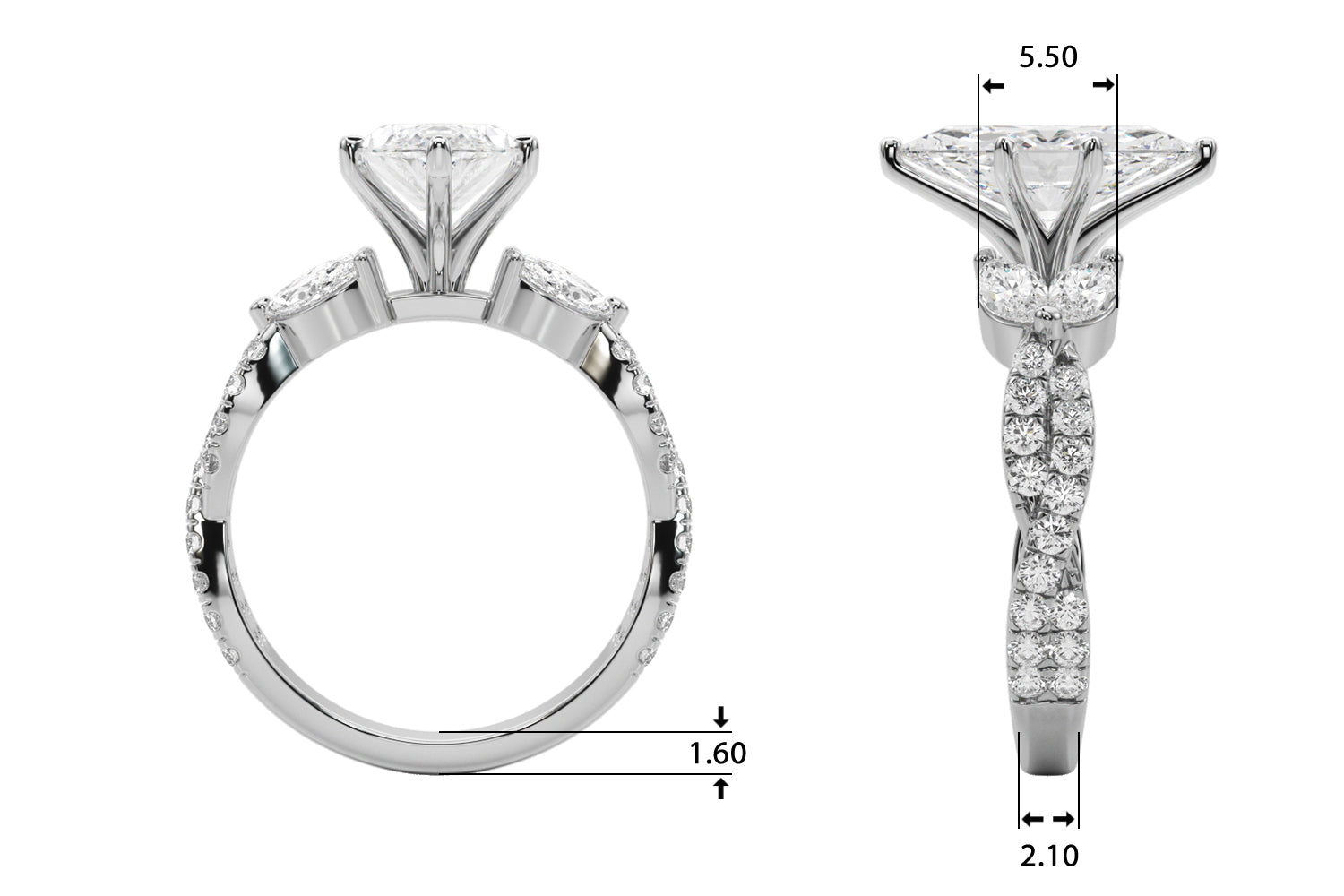 Romantic Mq & Rd Twisted Engagement Ring Round Diamond Engagement Ring — 9K/18K Gold & Platinum