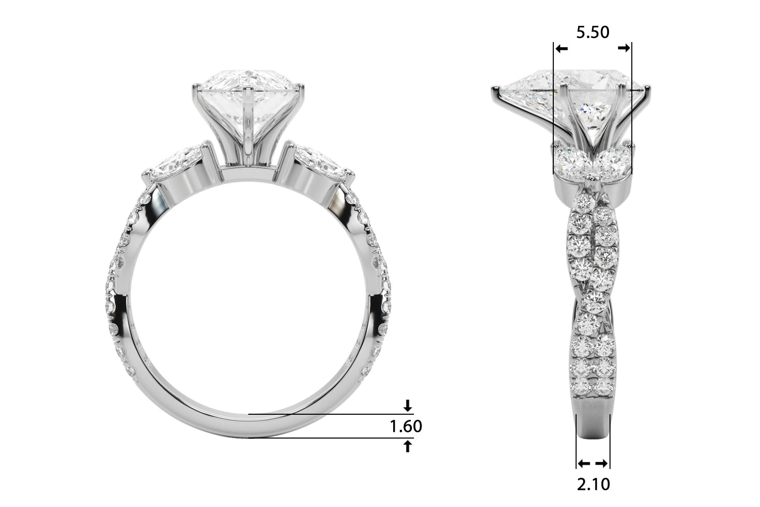 Romantic Mq & Rd Twisted Engagement Ring Round Diamond Engagement Ring — 9K/18K Gold & Platinum