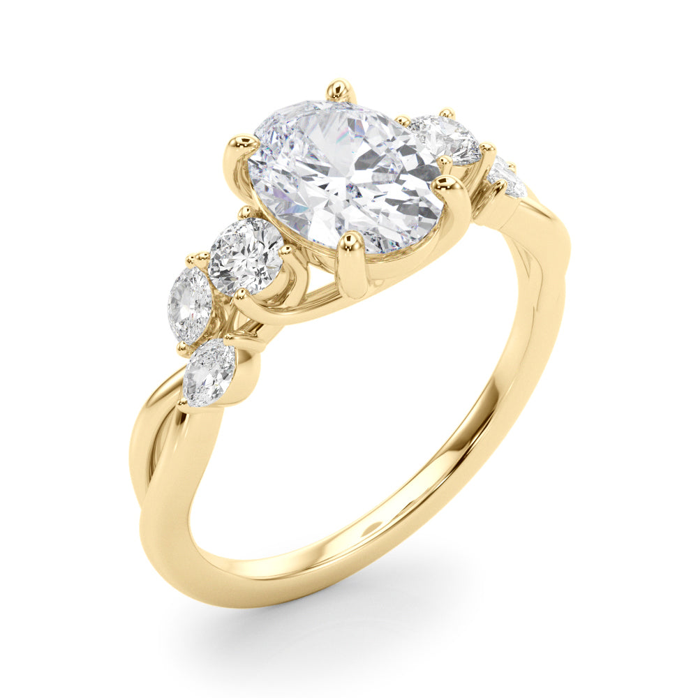 Cherished Split Shank Ov Center Rd & Mq Sides Oval Diamond Engagement Ring — 9K/18K Gold & Platinum