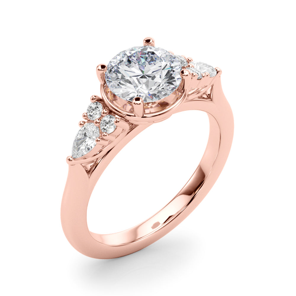 Romantic Rd Center Ps & Rd Sides Round Diamond Engagement Ring — 9K/18K Gold & Platinum