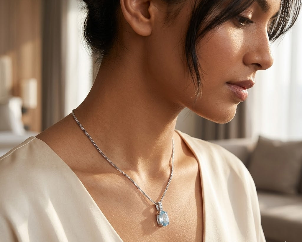 Aquamarine 0.34CT And Diamond 9K White Gold Pendant Necklace