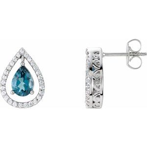 London Blue Topaz & Diamond Pear Halo Stud Earrings in Gold and Platinum