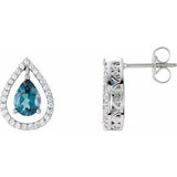 London Blue Topaz & Diamond Pear Halo Stud Earrings in Gold and Platinum