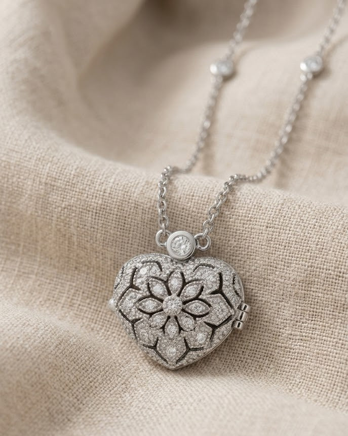 Vintage Heart Locket Necklace with Lab Diamond & White Topaz in 925 Silver