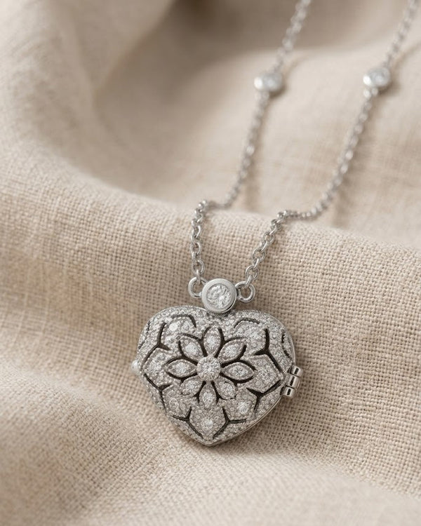 Vintage Heart Locket Necklace with Lab Diamond & White Topaz in 925 Silver