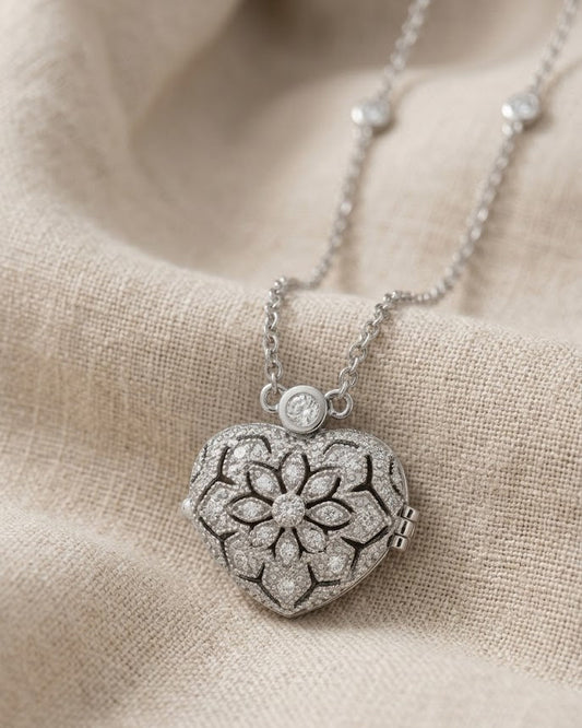 Vintage Heart Locket Necklace with Lab Diamond & White Topaz in 925 Silver