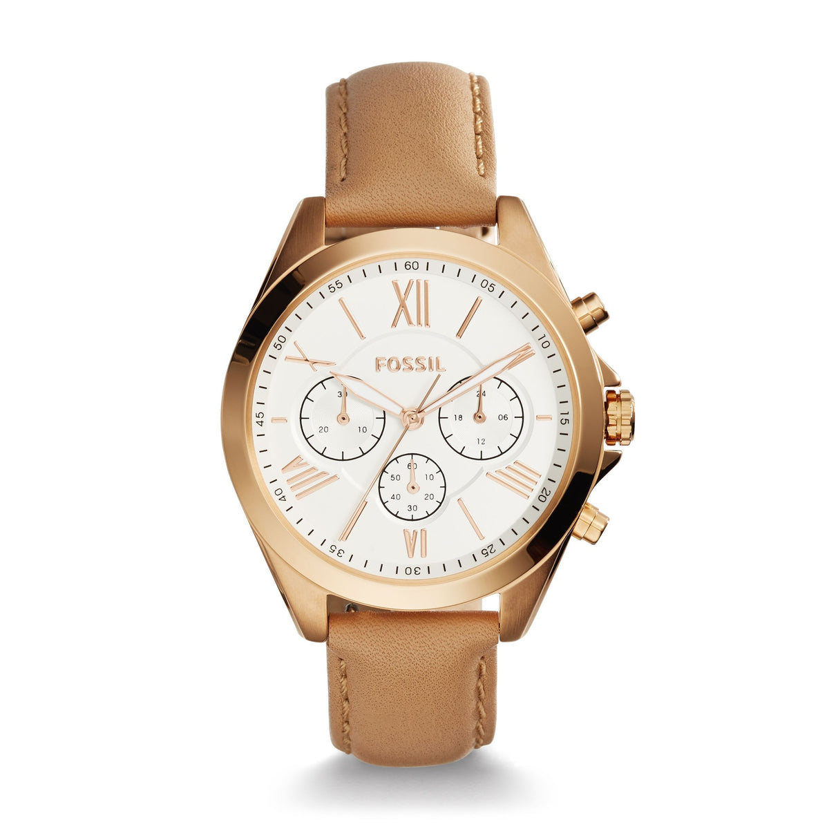 Fossil Modern Courier Damen-Chronograph – Weißes Zifferblatt, hellbraunes Lederarmband