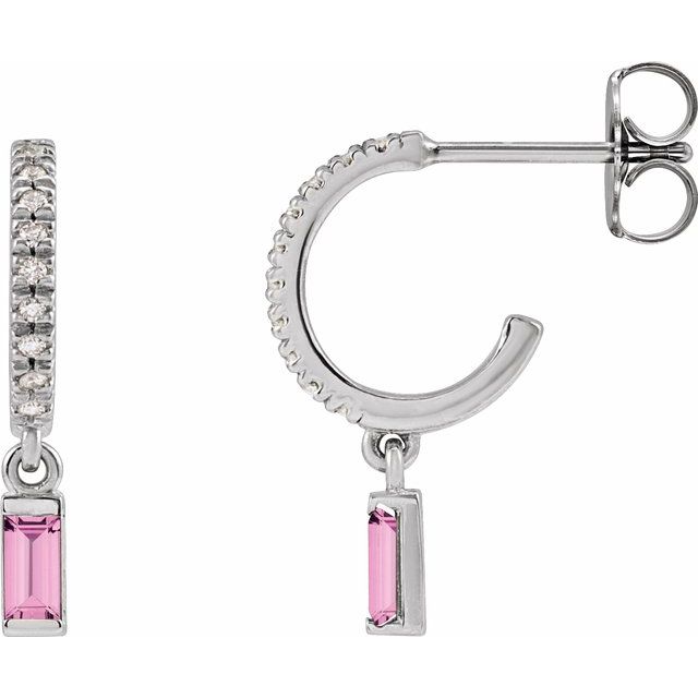 Pink Sapphire & Diamond Baguette Hoop Earrings in Gold and Platinum