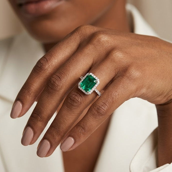 Astra 1.50ct Lab Emerald and Diamond Halo Shoulder Set Octagon Cut Ring in 18K Gold Vermeil