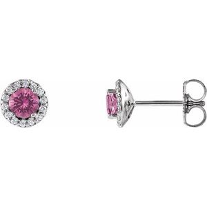 Pink Sapphire & Diamond Round Halo Stud Earrings in Gold and Platinum