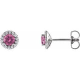 Pink Sapphire & Diamond Round Halo Stud Earrings in Gold and Platinum