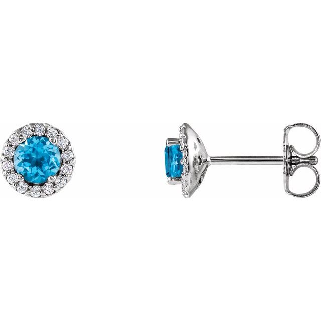 Swiss Blue Topaz & Diamond Round Halo Stud Earrings in Gold and Platinum