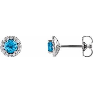 Swiss Blue Topaz & Diamond Round Halo Stud Earrings in Gold and Platinum