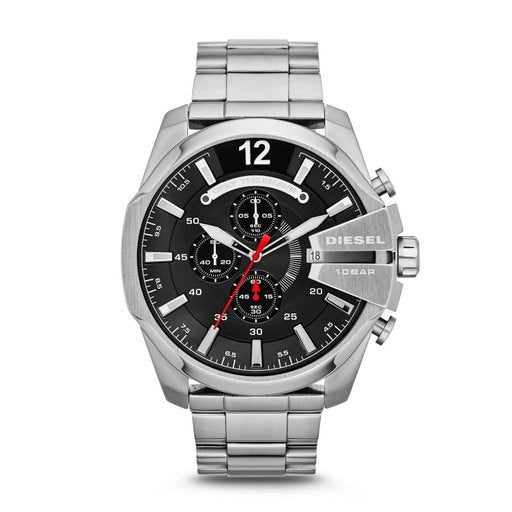 Diesel Men's Watches Mega Chief Silver Stainless Steel Quartz Black Dial Watch DZ4308