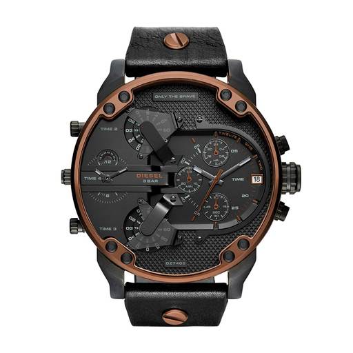 Diesel Men's Watches Mr Daddy 2.0 Multi-Function Multi-Time Zone Chronograph Black Leather Watch Dz7400