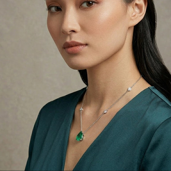 Lab Emerald and Diamond Teardrop Solitaire Necklace in Silver - 2.40ct