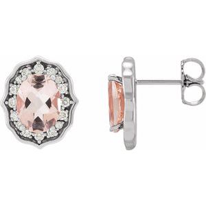 Peach Morganite & Diamond Oval Stud Earrings in Gold and Platinum