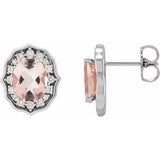 Peach Morganite & Diamond Oval Stud Earrings in Gold and Platinum