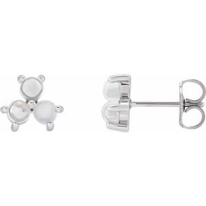 Rainbow Moonstone Round Three-Stone Stud Earrings in Gold and Platinum