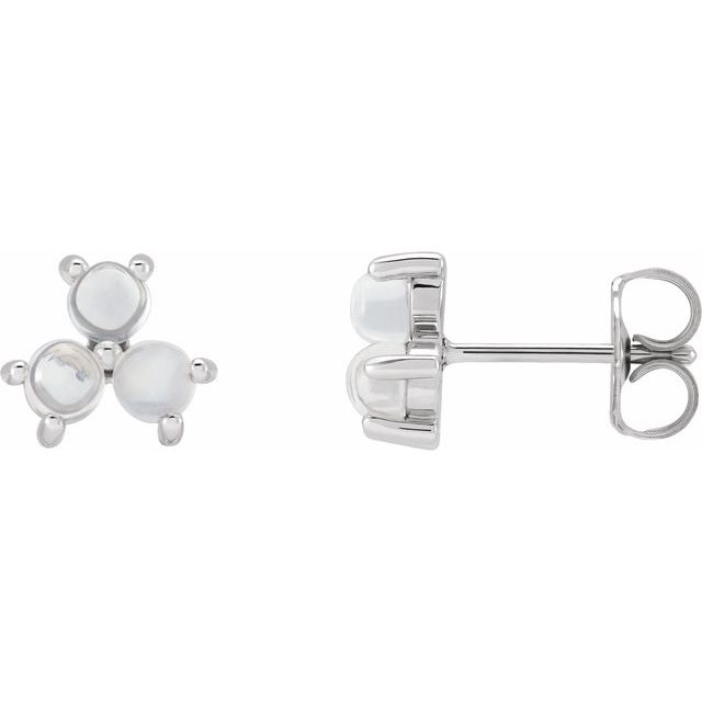 Rainbow Moonstone Round Three-Stone Stud Earrings in Gold and Platinum