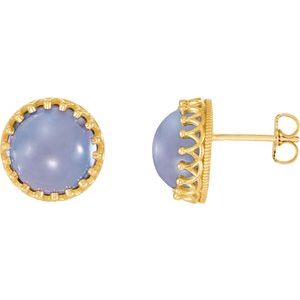 Blue Chalcedony Round Crown Stud Earrings in Gold and Platinum
